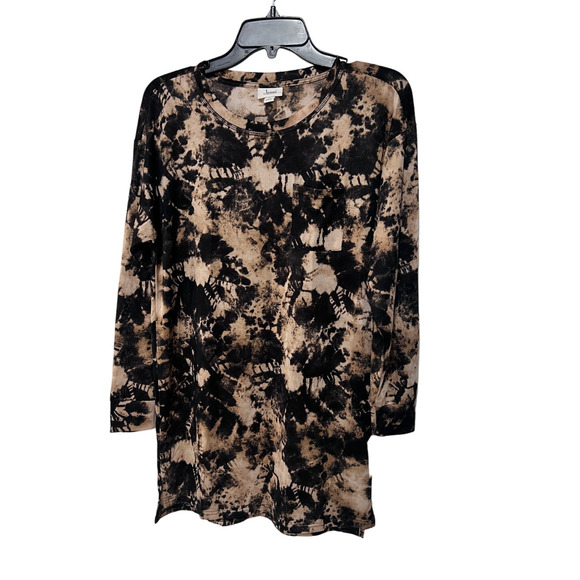 JENNI WOMENS SMALL LONG SLEEVE SUPER SOFT SLEEP SHIRT TIEDYE PRINT BLACK TAN - Picture 2 of 11